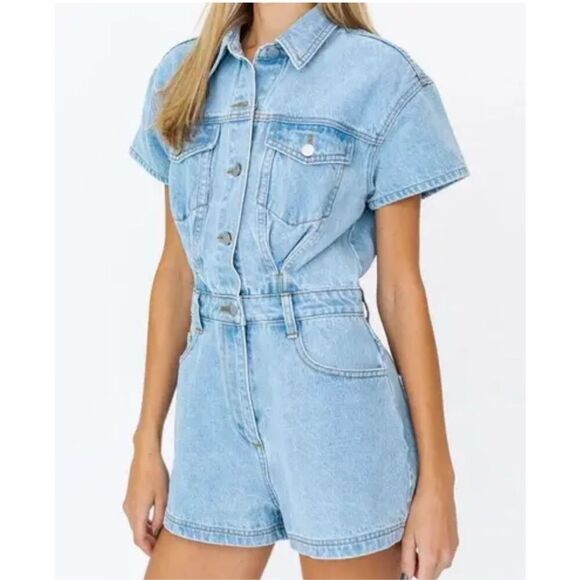 Lelis Collection Romper Denim Short Sleeve Pockets Cotton Size S - Picture 3 of 7